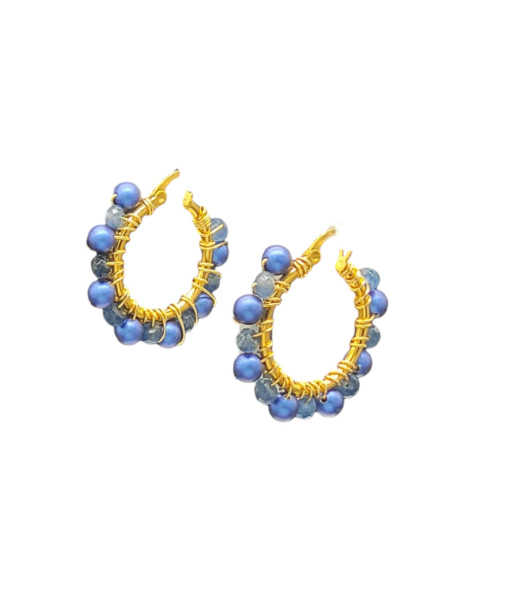 Blue Crystal Pearl & Quartz Wrapped Hoops